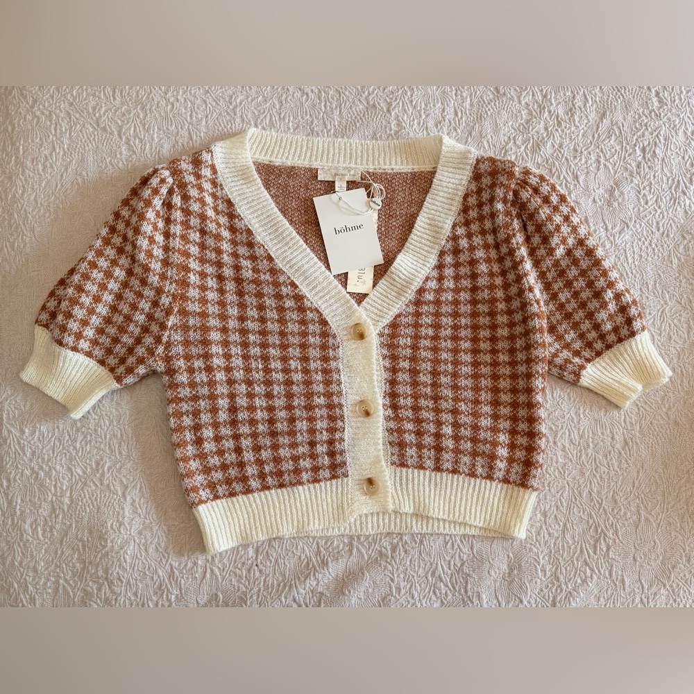 Ichiune Cream & Brown Houndstooth Short Sleeve Cardigan